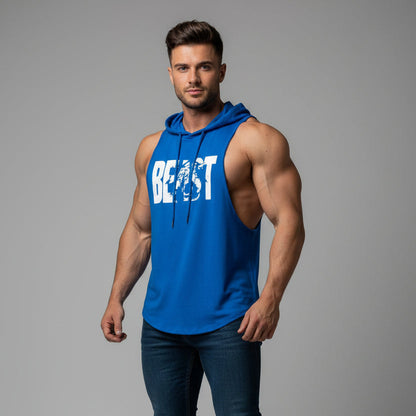 Men wearing grey hooded bodybuilding tank top with Mini Animal print black text - AresFit