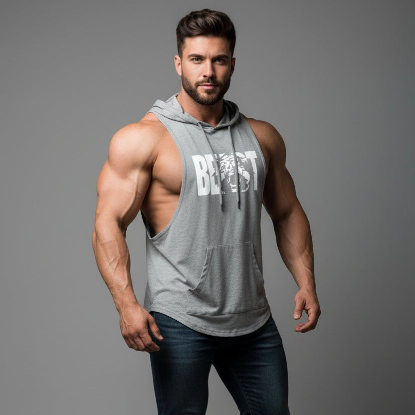Men wearing red hooded bodybuilding tank top with Animal print black text - AresFit