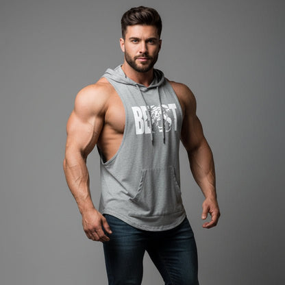 Men wearing red hooded bodybuilding tank top with Animal print black text - AresFit