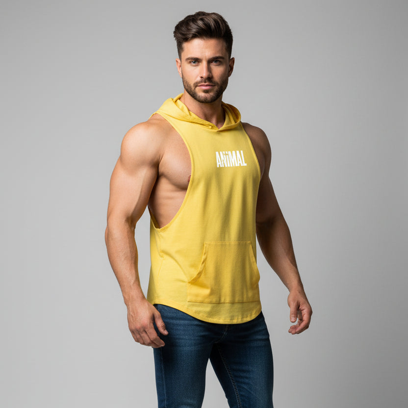 Men wearing red hooded bodybuilding tank top with Animal print white text - AresFit