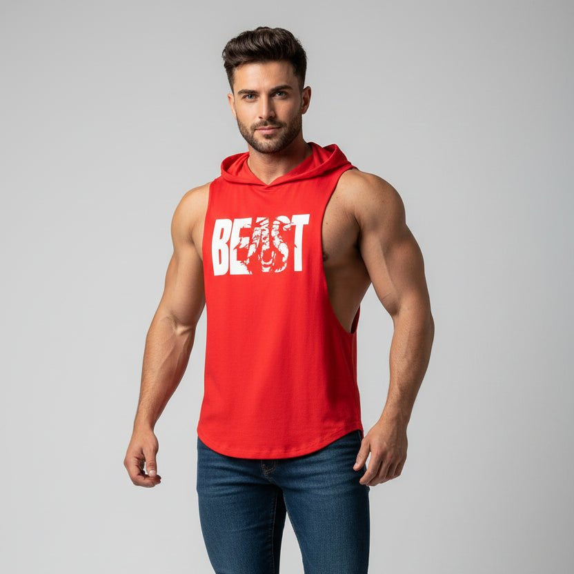 Men wearing red hooded bodybuilding tank top with Beast print - AresFit