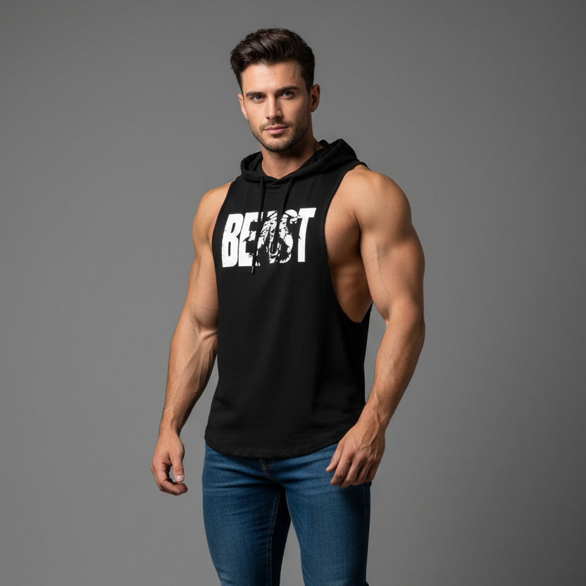 Men wearing red hooded bodybuilding tank top with Mini Animal print black text - AresFit