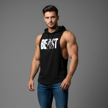 Men wearing red hooded bodybuilding tank top with Mini Animal print black text - AresFit