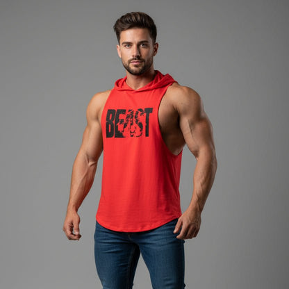 Men wearing red hooded bodybuilding tank top with Mini Animal print white text - AresFit