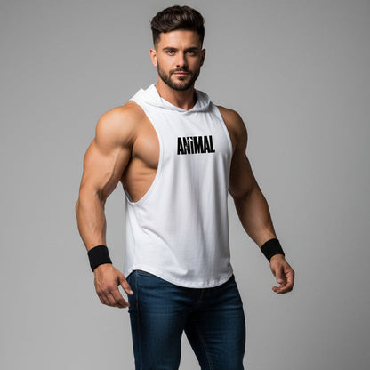 Men wearing white hooded bodybuilding tank top with Animal print - AresFit
