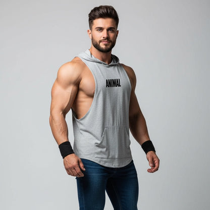 Men wearing white hooded bodybuilding tank top with Beast print - AresFit