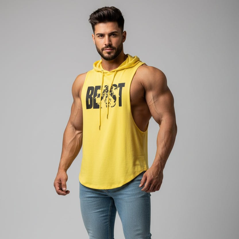 Men wearing white hooded bodybuilding tank top with Mini Animal print black text - AresFit