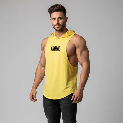 Men wearing yellow hooded bodybuilding tank top with Animal print - AresFit