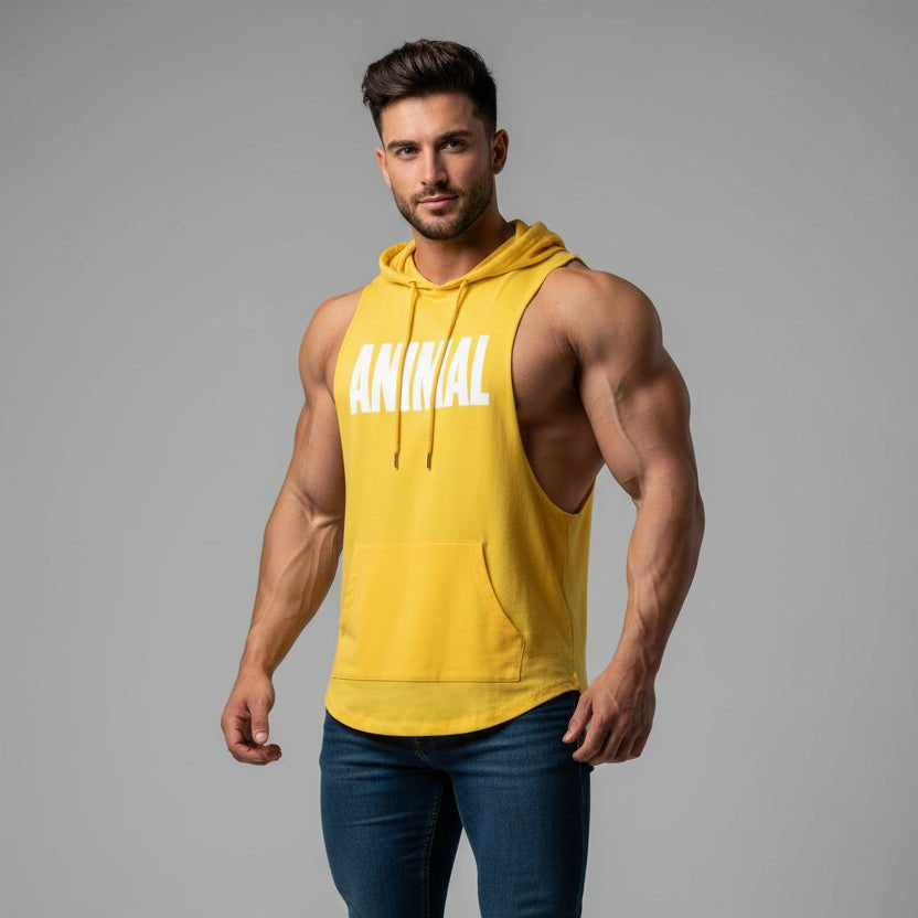 Men wearing yellow hooded bodybuilding tank top with Animal print white text - AresFit