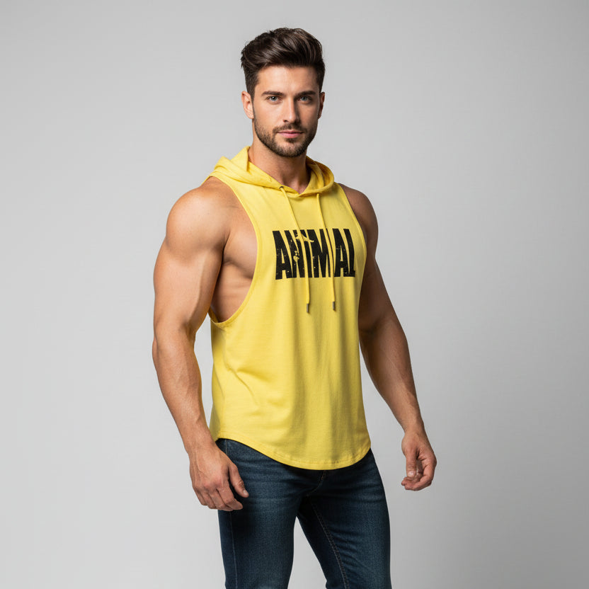 Men wearing yellow hooded bodybuilding tank top with Beast print - AresFit