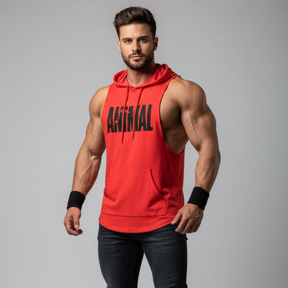 Men wearing yellow hooded bodybuilding tank top with Mini Animal print black text - AresFit