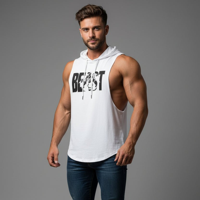 Men wearing yellow hooded bodybuilding tank top with Mini Animal print white text - AresFit