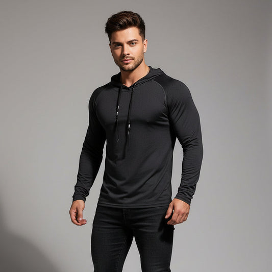 Men's black hooded training top with long sleeves, breathable fabric and athletic performance fit - AresFit