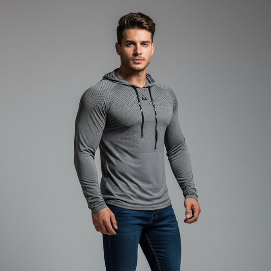 Men's grey hooded training top with slim athletic fit and lightweight stretch fabric for gym workouts - AresFit