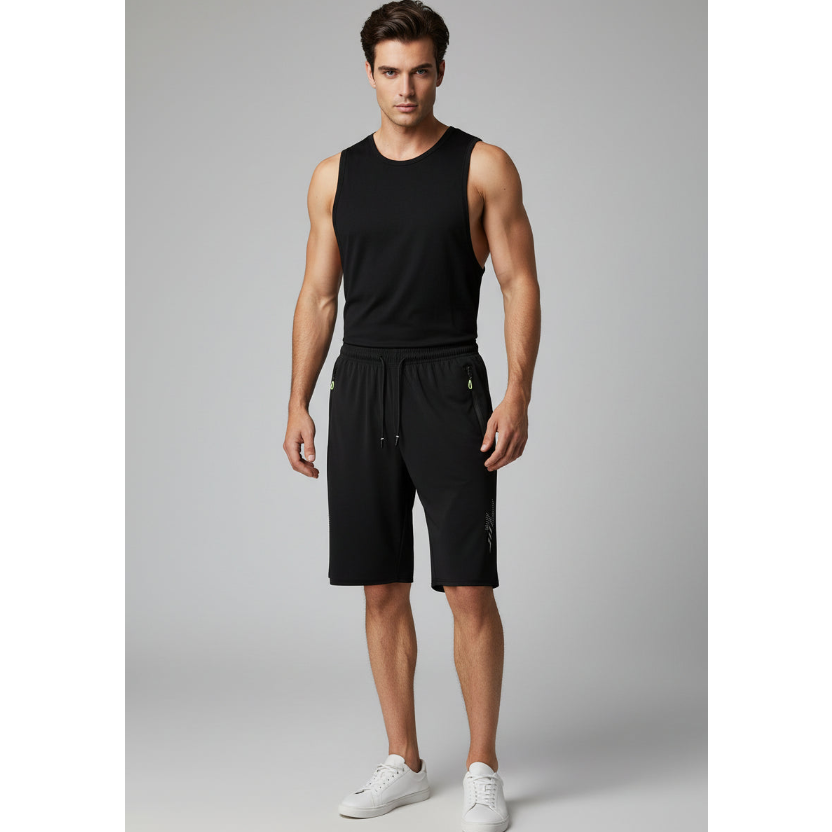 Men's Long Gym Shorts with Zip Pockets in Black L - AresFit