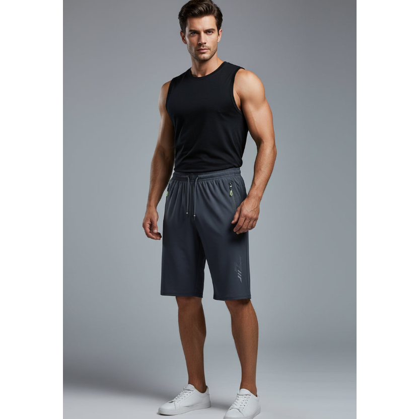 Men's Long Gym Shorts with Zip Pockets in Dark Grey L - AresFit