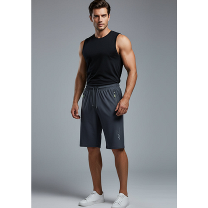 Men's Long Gym Shorts with Zip Pockets in Dark Grey L - AresFit