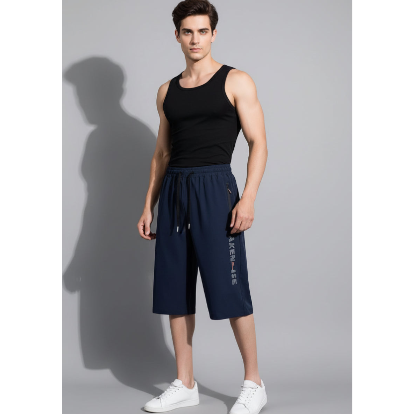 Men's Long Gym Shorts with Zip Pockets in Navy - AresFit