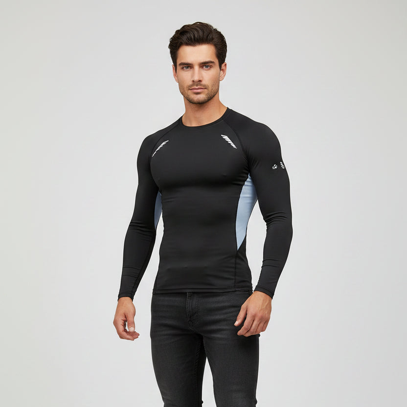 Men's black long sleeve compression top with blue side panels and performance stretch fit - AresFit