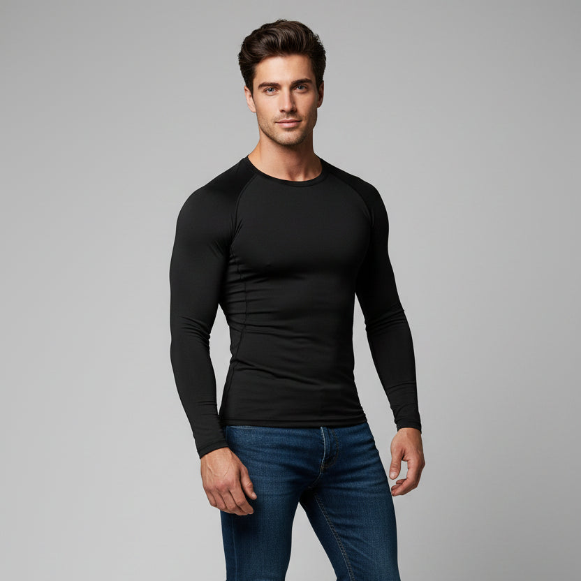 Men's black long sleeve compression top with lightweight stretch fabric and slim athletic fit - AresFit