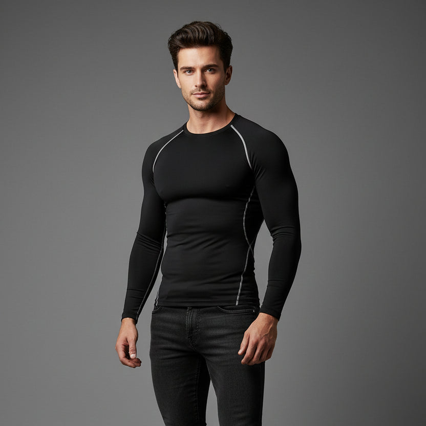 Men's black long sleeve compression top with contrast piping and fitted training design - AresFit
