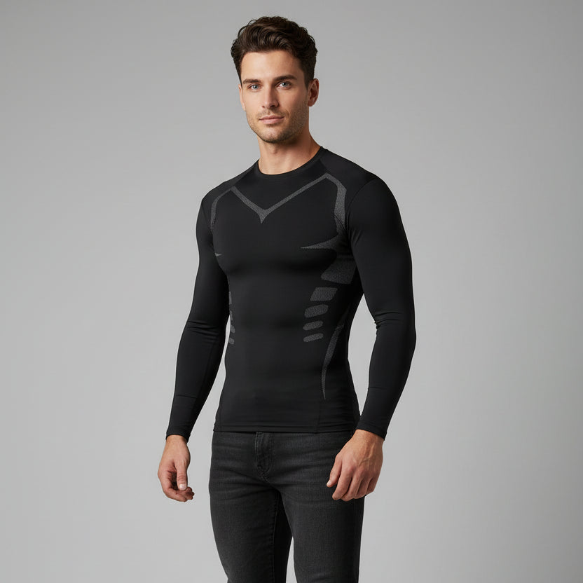Men's black textured long sleeve compression top with athletic performance fit - AresFit