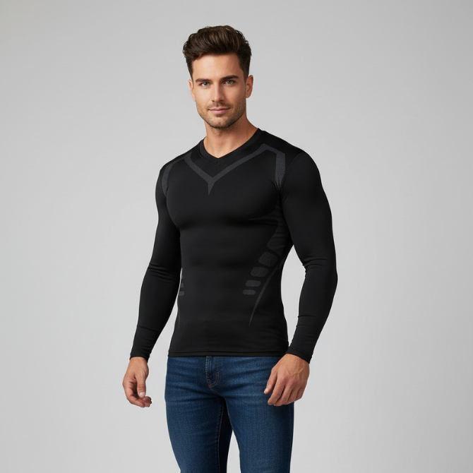 Men's black long sleeve compression top with V panel athletic design and stretch performance fit - AresFit