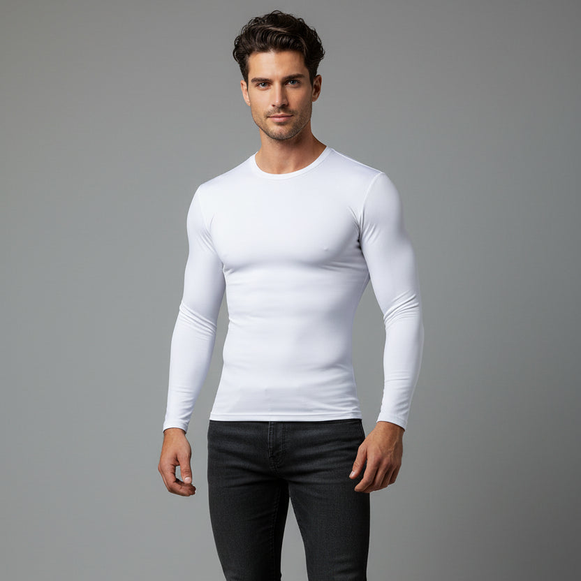 Men's white long sleeve compression top with lightweight stretch fabric and athletic fit - AresFit