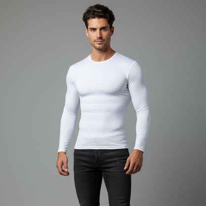 Men's white long sleeve compression top with lightweight stretch fabric and athletic fit - AresFit