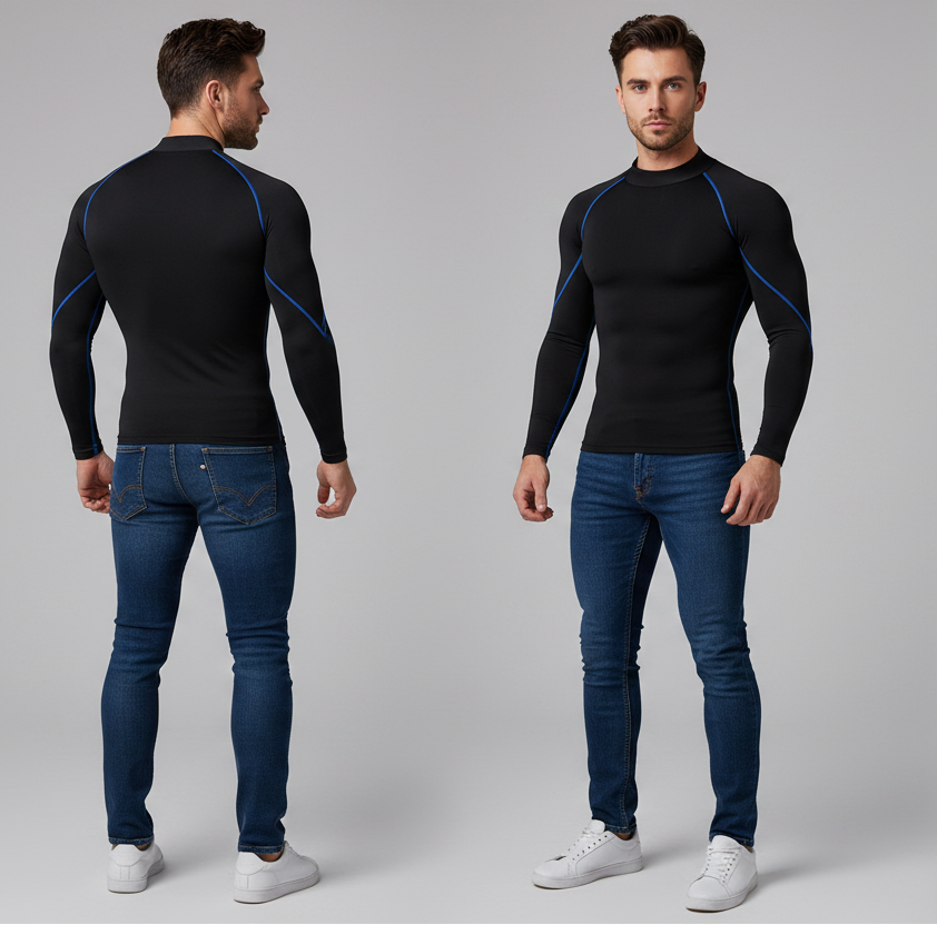Men's black long sleeve compression training top with blue contrast seams and fitted performance design - AresFit