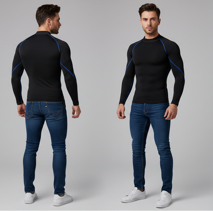 Men's black long sleeve compression training top with blue contrast seams and fitted performance design - AresFit