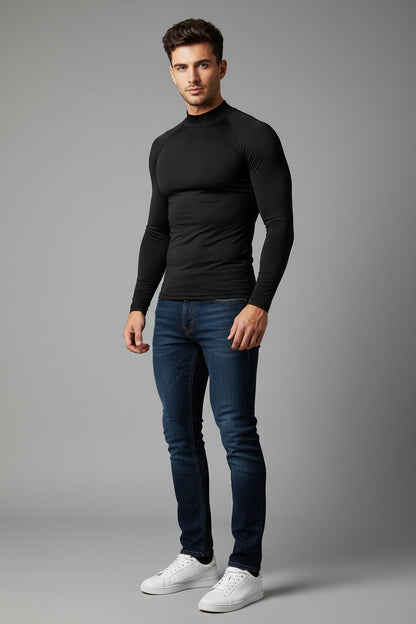 Men's black long sleeve compression training top with clean minimalist design and compression fit - AresFit