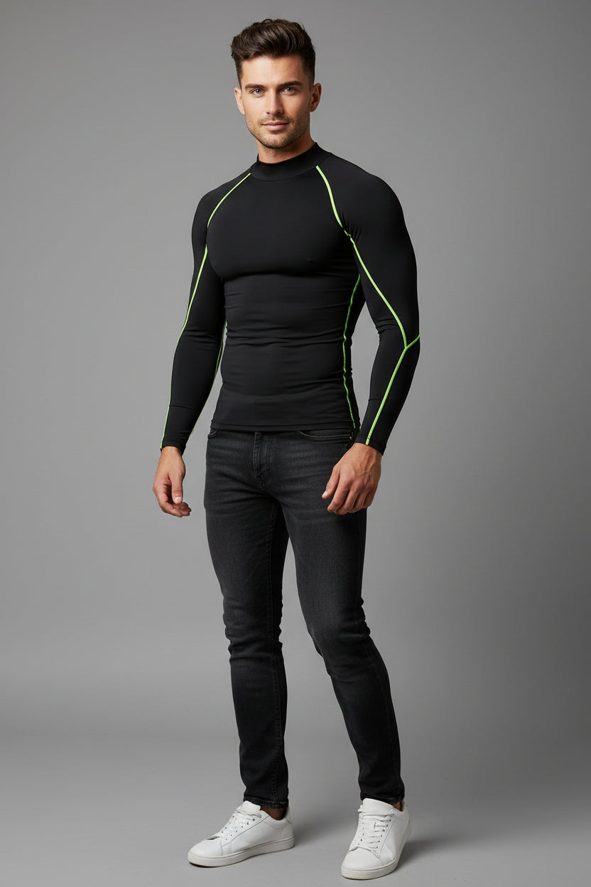 Men's black long sleeve compression training top with green contrast seams and compression fit - AresFit