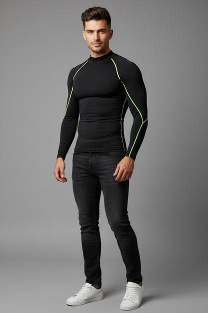 Men's black long sleeve compression training top with green contrast seams and compression fit - AresFit