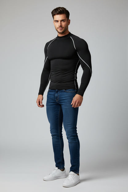 Men's black long sleeve compression training top with grey contrast seams and fitted athletic design - AresFit