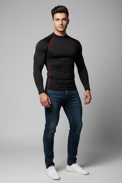 Men's black long sleeve compression training top with red contrast seams and athletic compression fit - AresFit