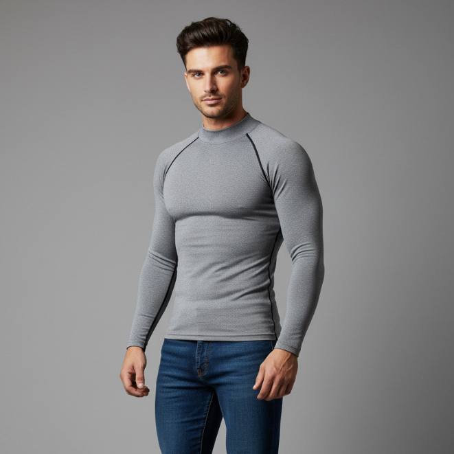 Men's grey long sleeve compression training top with stretch fabric and athletic fit - AresFit