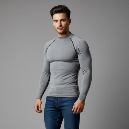 Men's grey long sleeve compression training top with stretch fabric and athletic fit - AresFit