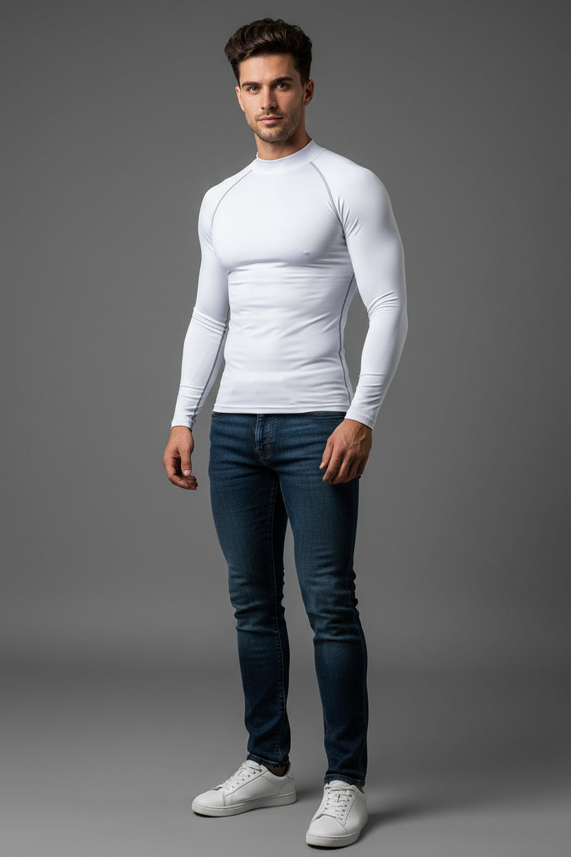 Men's white long sleeve compression training top with lightweight stretch fabric and athletic fit - AresFit