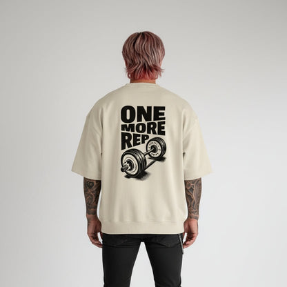 Men’s beige oversized gym tee with One More Rep back print - AresFit