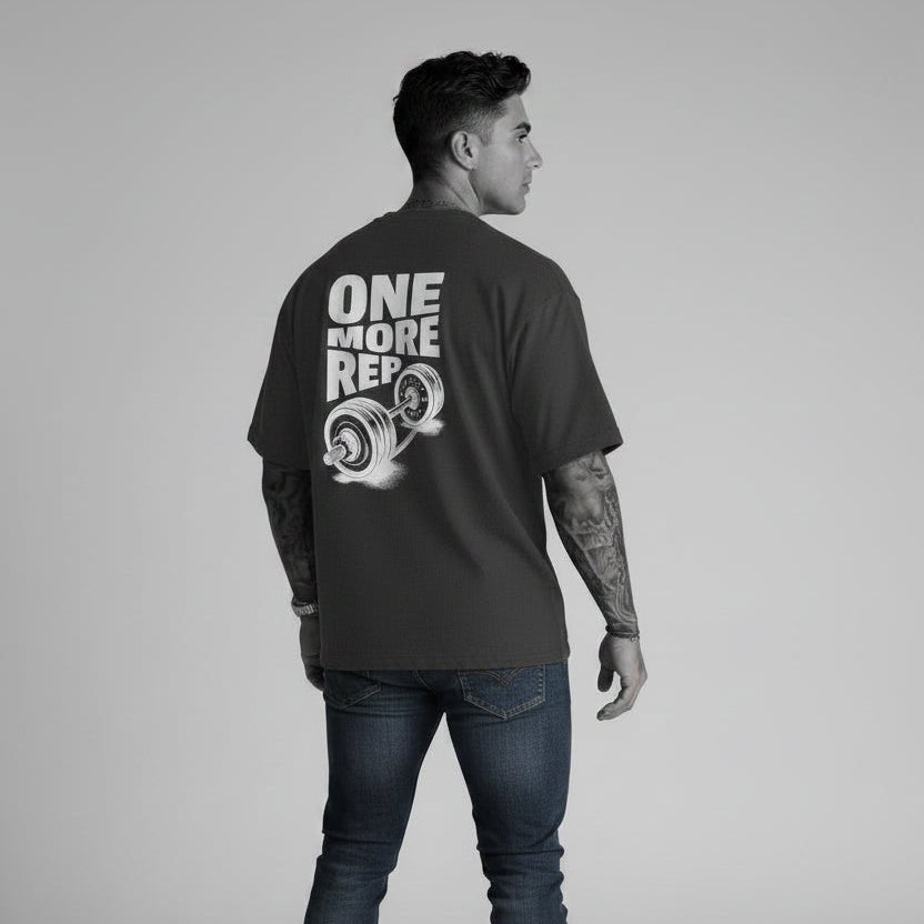 Men’s grey oversized workout tee with motivational fitness graphic - AresFit