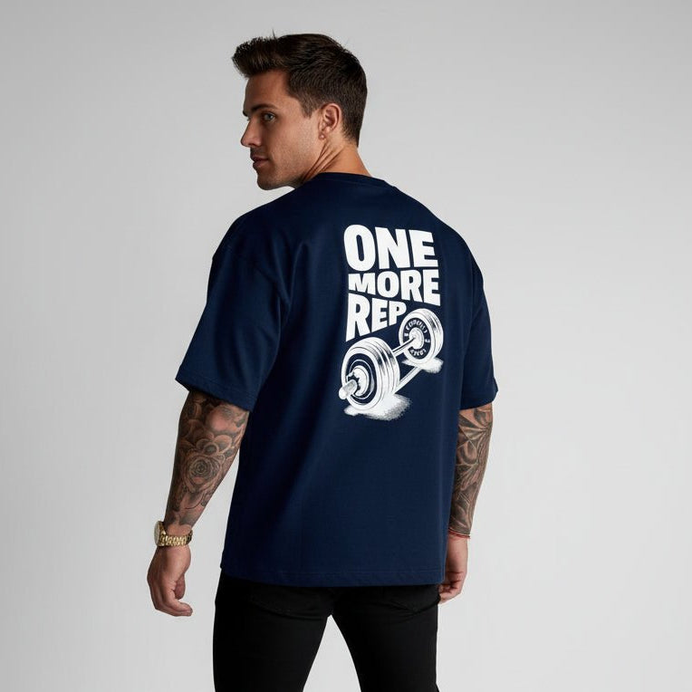 Men’s navy oversized workout t-shirt with motivational gym graphic - AresFit