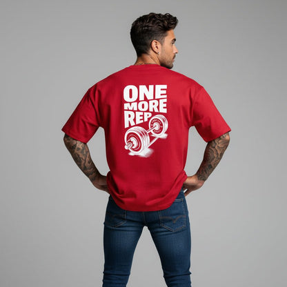 Men’s red oversized gym t-shirt with One More Rep graphic print - AresFit