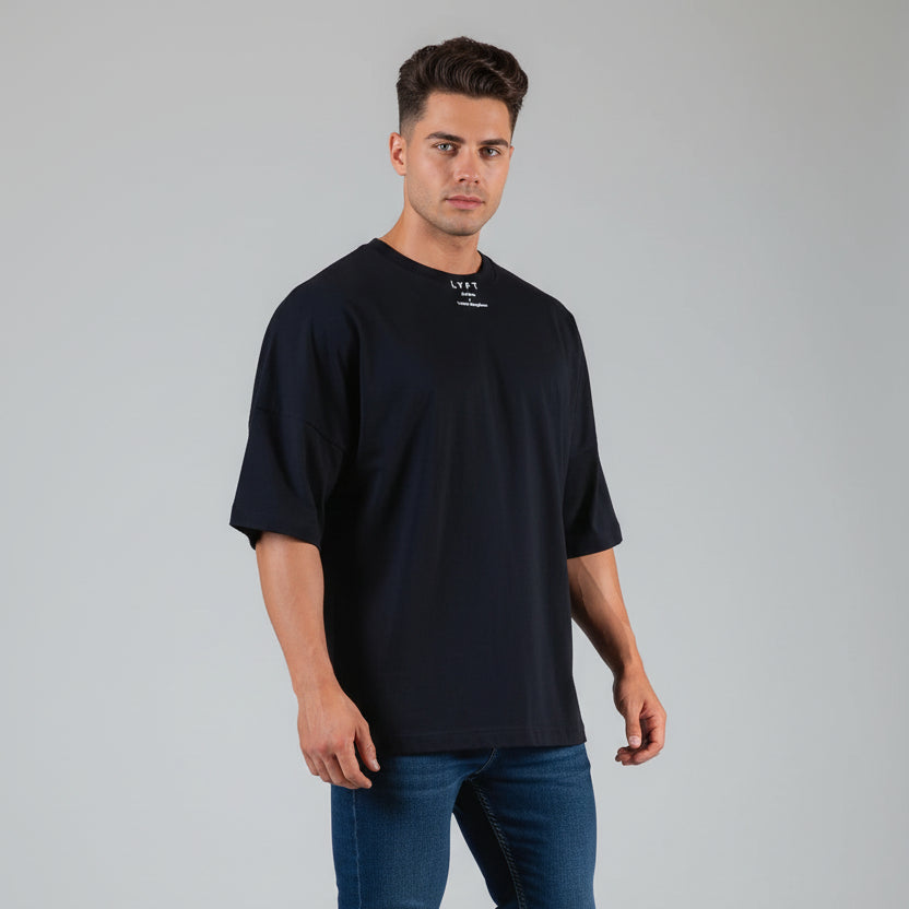 Men's black oversized cotton gym t-shirt with relaxed fit and minimalist logo design - AresFit