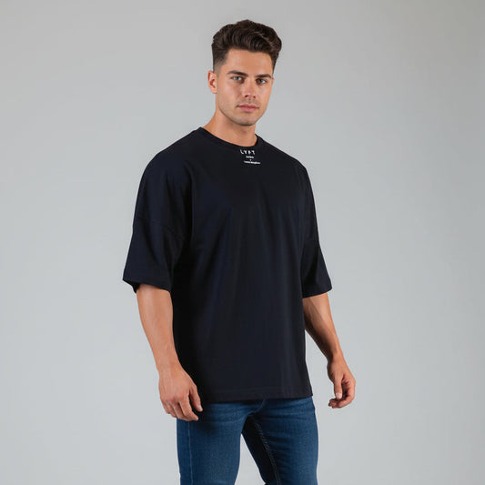 Men's black oversized cotton gym t-shirt with relaxed fit and minimalist logo design - AresFit