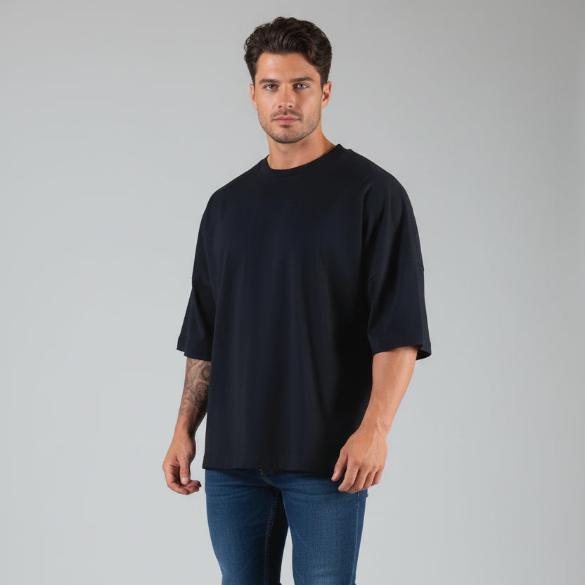 Men's black oversized cotton gym t-shirt with relaxed fit and clean plain design - AresFit