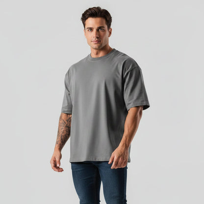 Men's dark gray oversized cotton gym t-shirt with relaxed fit and clean plain design - AresFit