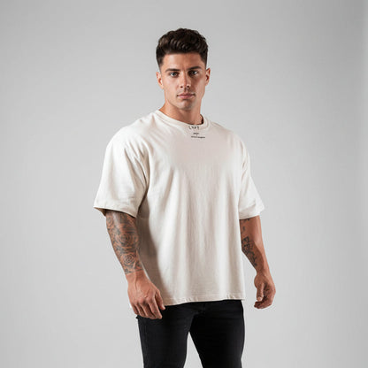 Men's khaki oversized cotton gym t-shirt with relaxed fit and minimalist logo design - AresFit