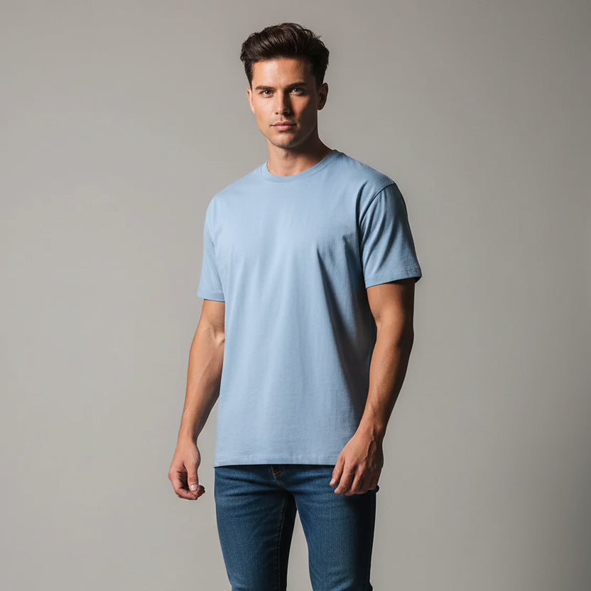 Men's light blue oversized cotton gym t-shirt with relaxed fit and clean plain design - AresFit