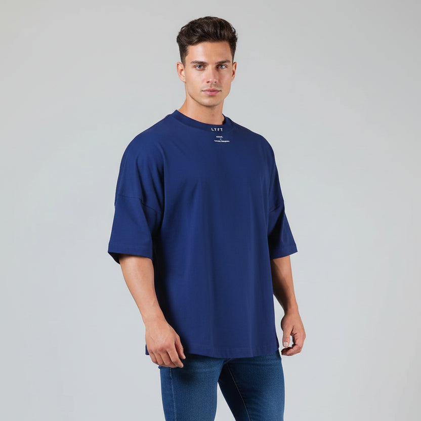 Men's navy blue oversized cotton gym t-shirt with relaxed fit and minimalist logo design - AresFit